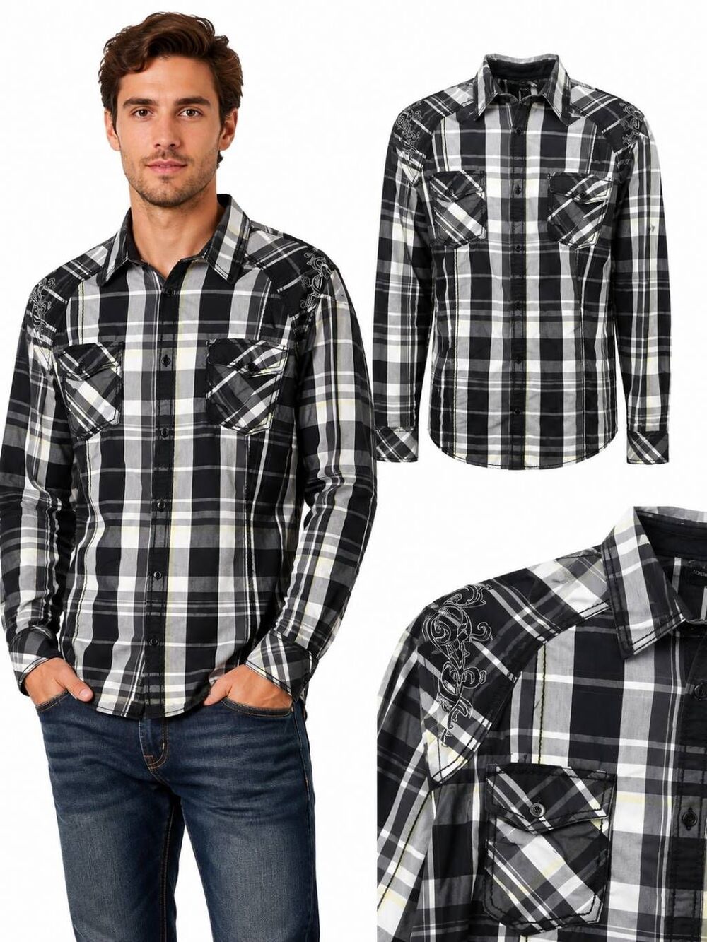 Roar Plaid Button Up Shirt XXL Black Gray